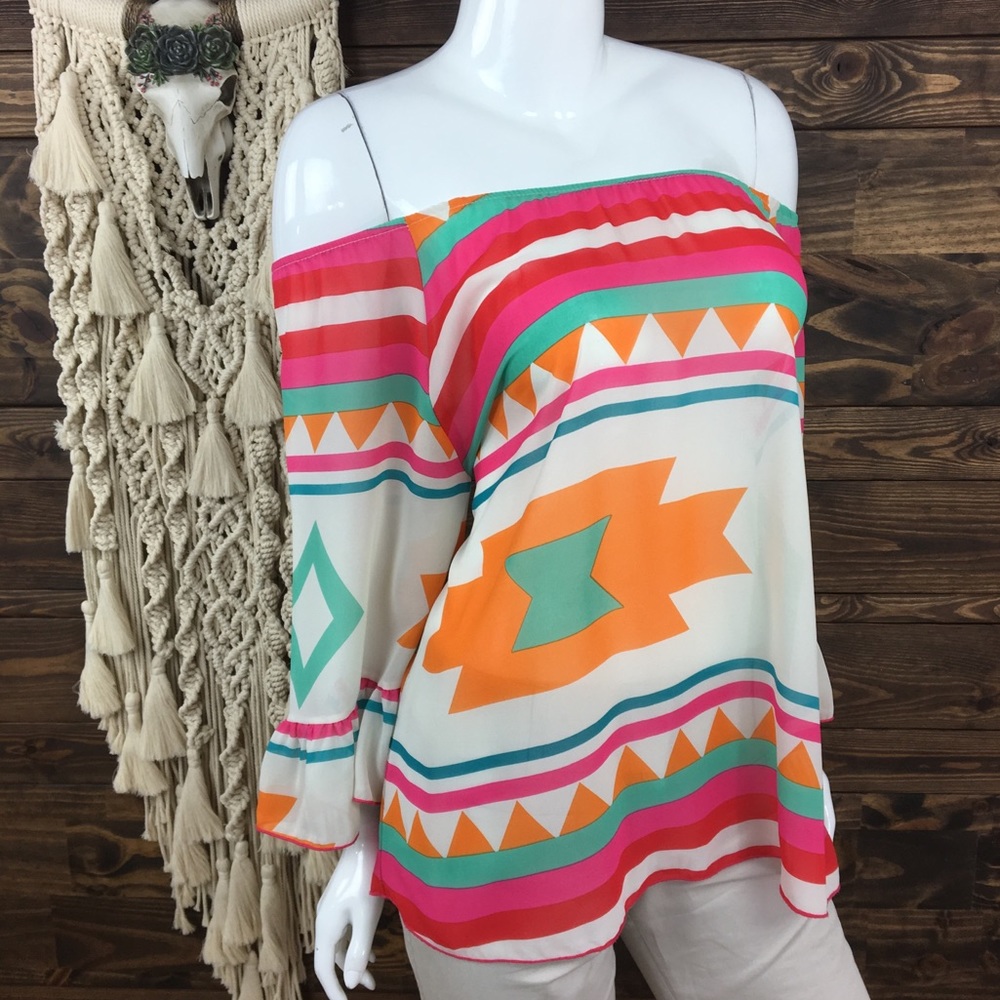 R Rouge | Aztec Sheer Ruffle Bell Sleeve Blouse - Picture 5 of 8
